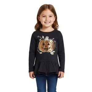 Spooky Night Black Sequined Pumpkin Ruffle Hem Halloween Girls Top Size XS 4